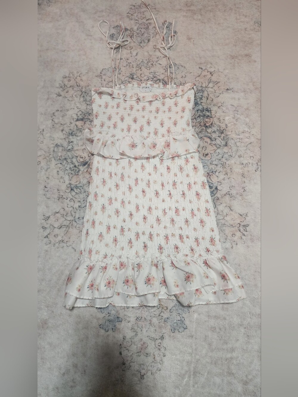 Storia Floral Smocked Ruffle Mini Dress Cottagecore Coquette Pink Cream